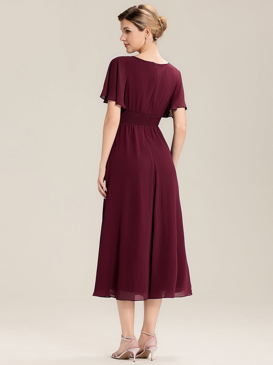 Robe de soirée mi-longue en mousseline de soie à manches courtes #Couleur_Bordeaux