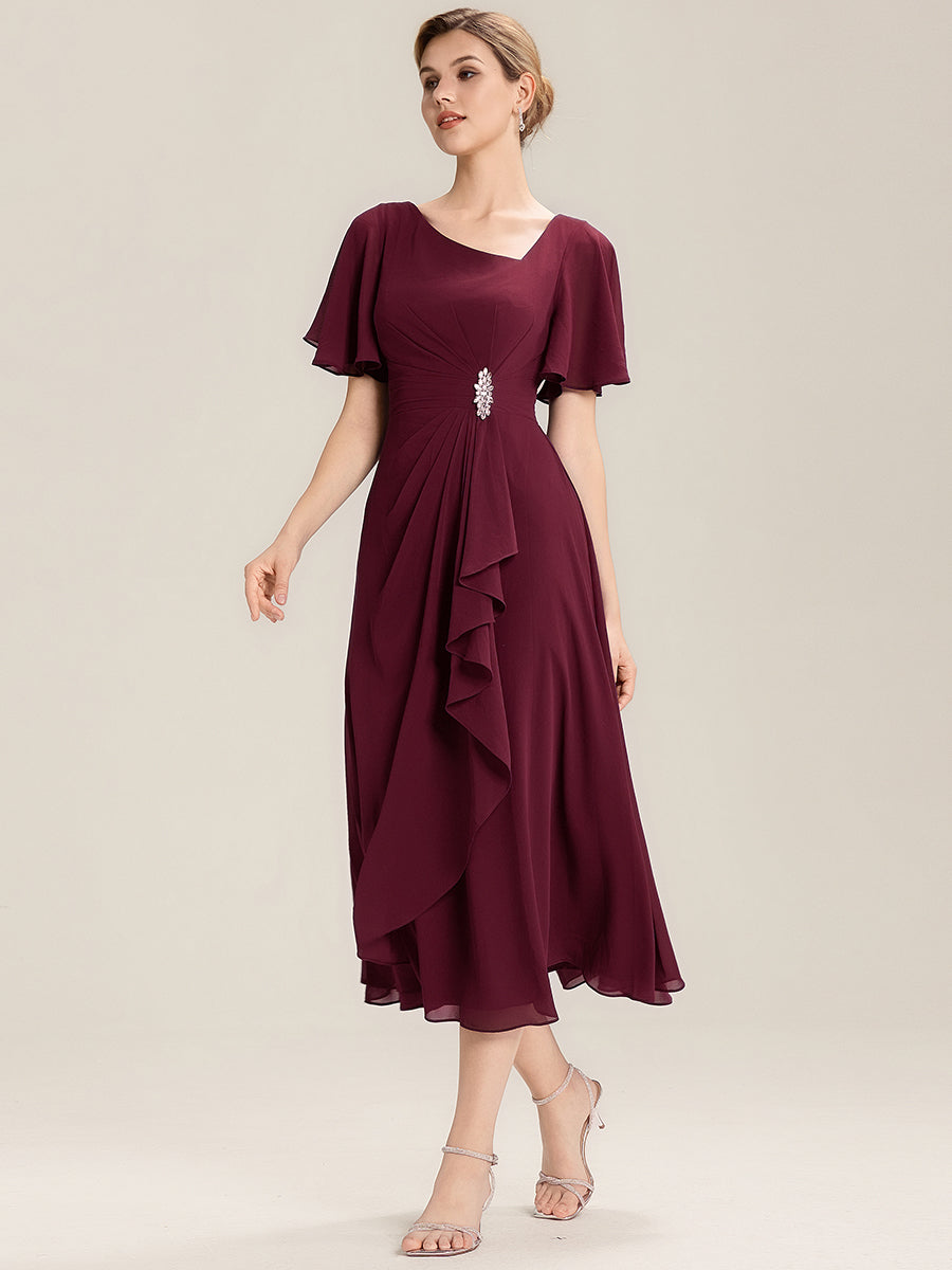 Robe de soirée mi-longue en mousseline de soie à manches courtes #Couleur_Bordeaux