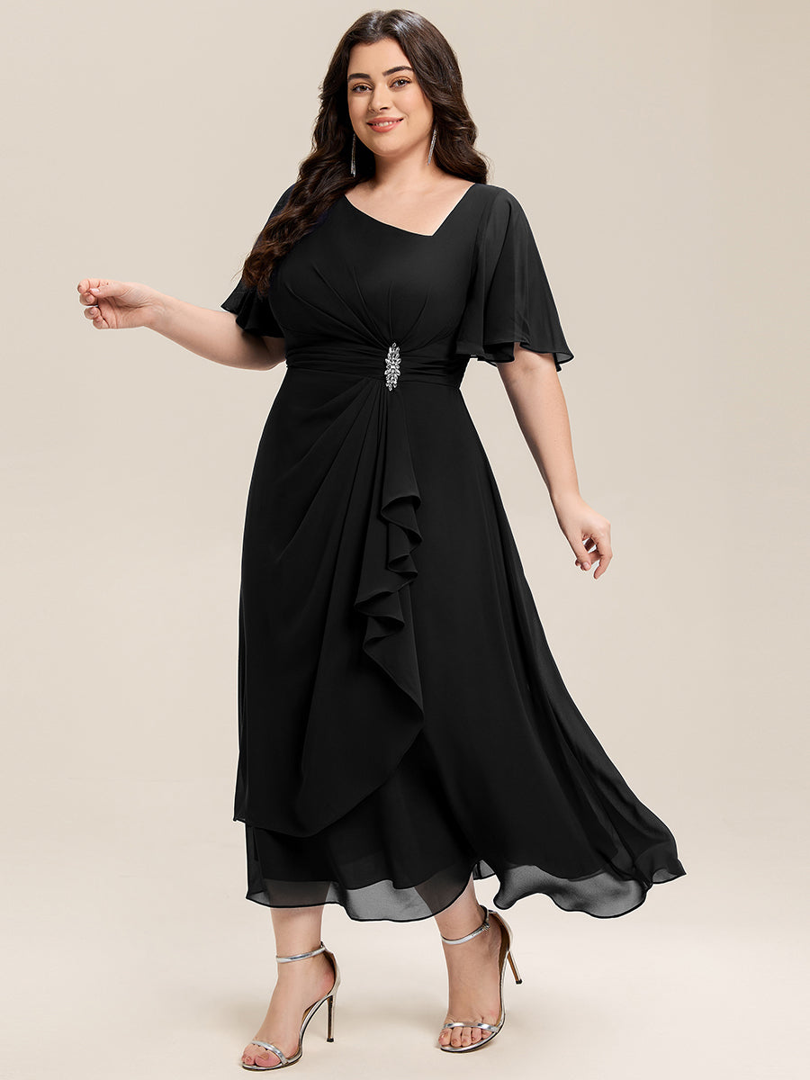 Robe de soirée mi-longue en mousseline de soie à manches courtes #Couleur_Noir