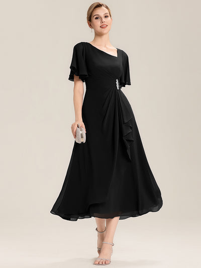 ever LILOU|Robe de soirée mi-longue en mousseline de soie à manches courtes