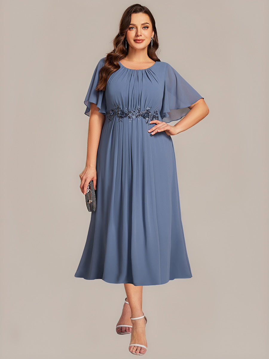 Robe de mariée trapèze à manches courtes avec appliqués plissés #Couleur_Marine Fume