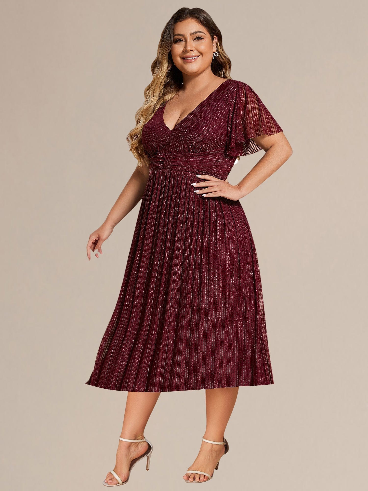 Robe de soirée mi-longue pailletée #Couleur_Bordeaux