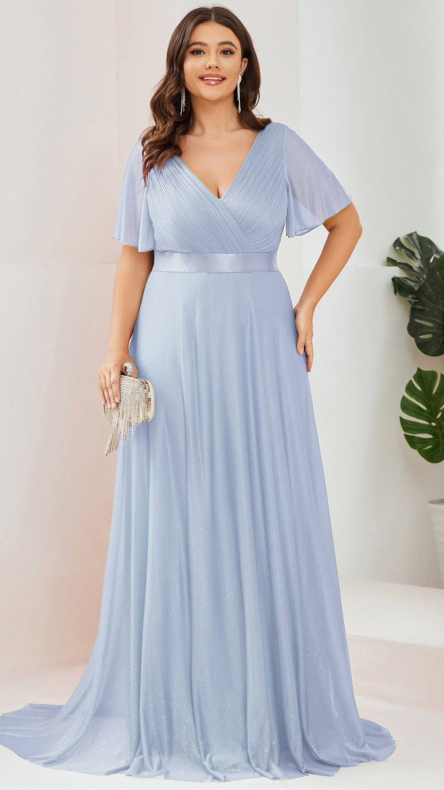 Robe D'invité De Mariage En Mousseline De Soie Mi-Longue Plissée à Manches à Volants Et Col En V  #Couleur_Bleu Glace