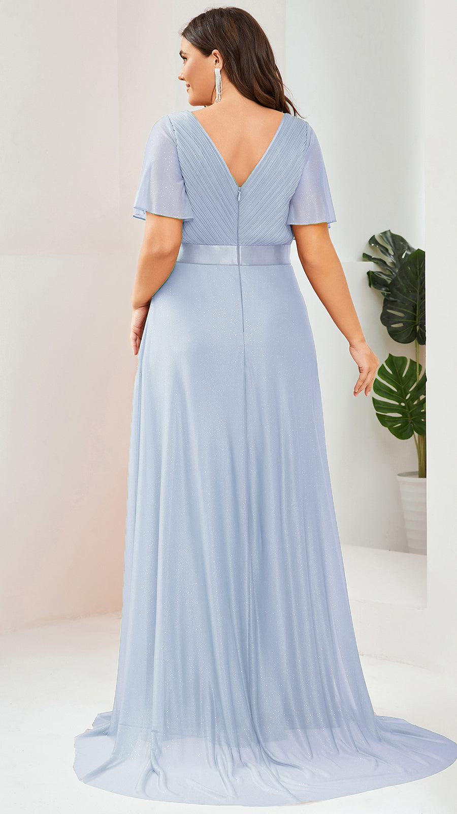 Robe D'invité De Mariage En Mousseline De Soie Mi-Longue Plissée à Manches à Volants Et Col En V  #Couleur_Bleu Glace