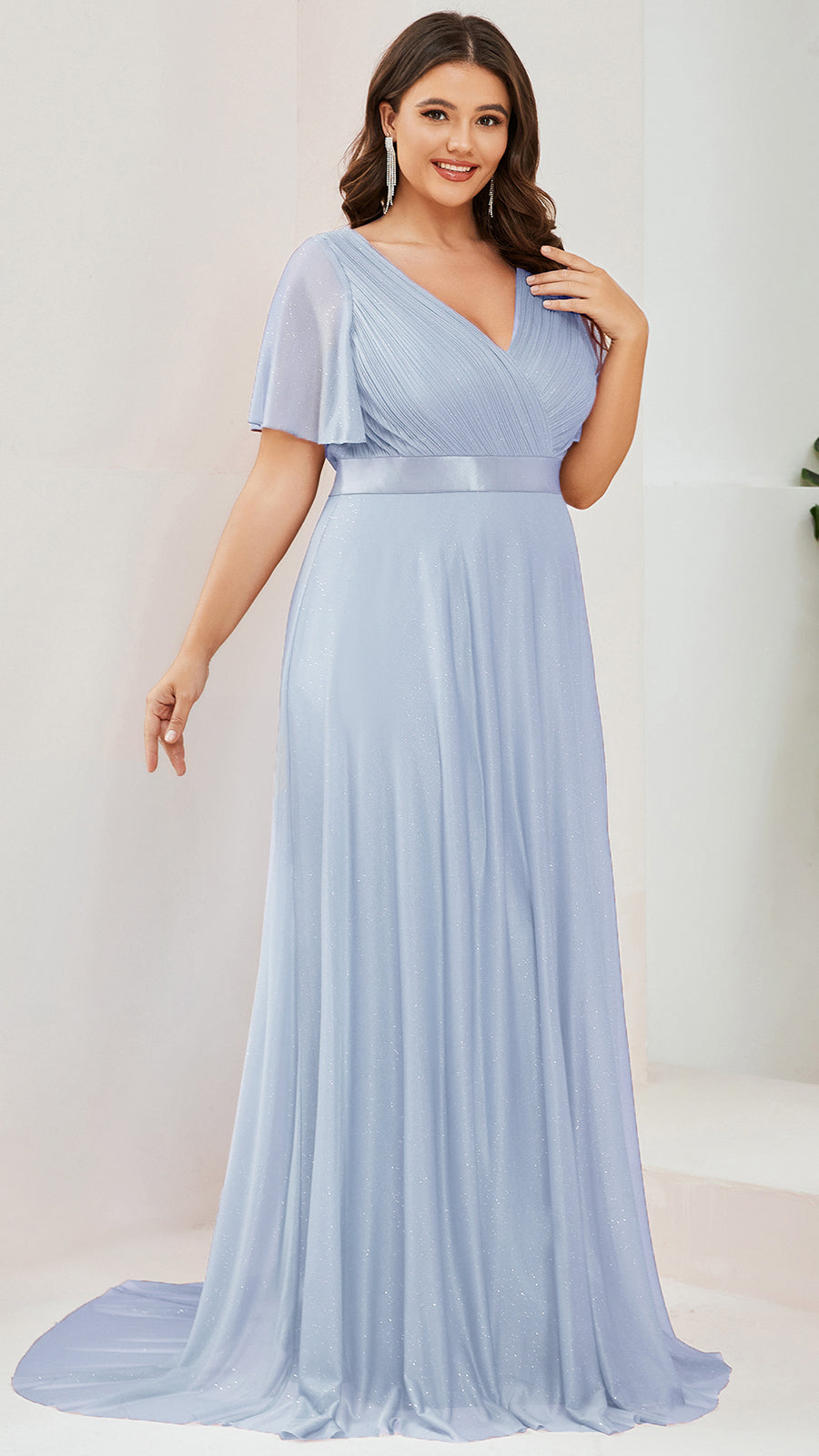 Robe D'invité De Mariage En Mousseline De Soie Mi-Longue Plissée à Manches à Volants Et Col En V  #Couleur_Bleu Glace