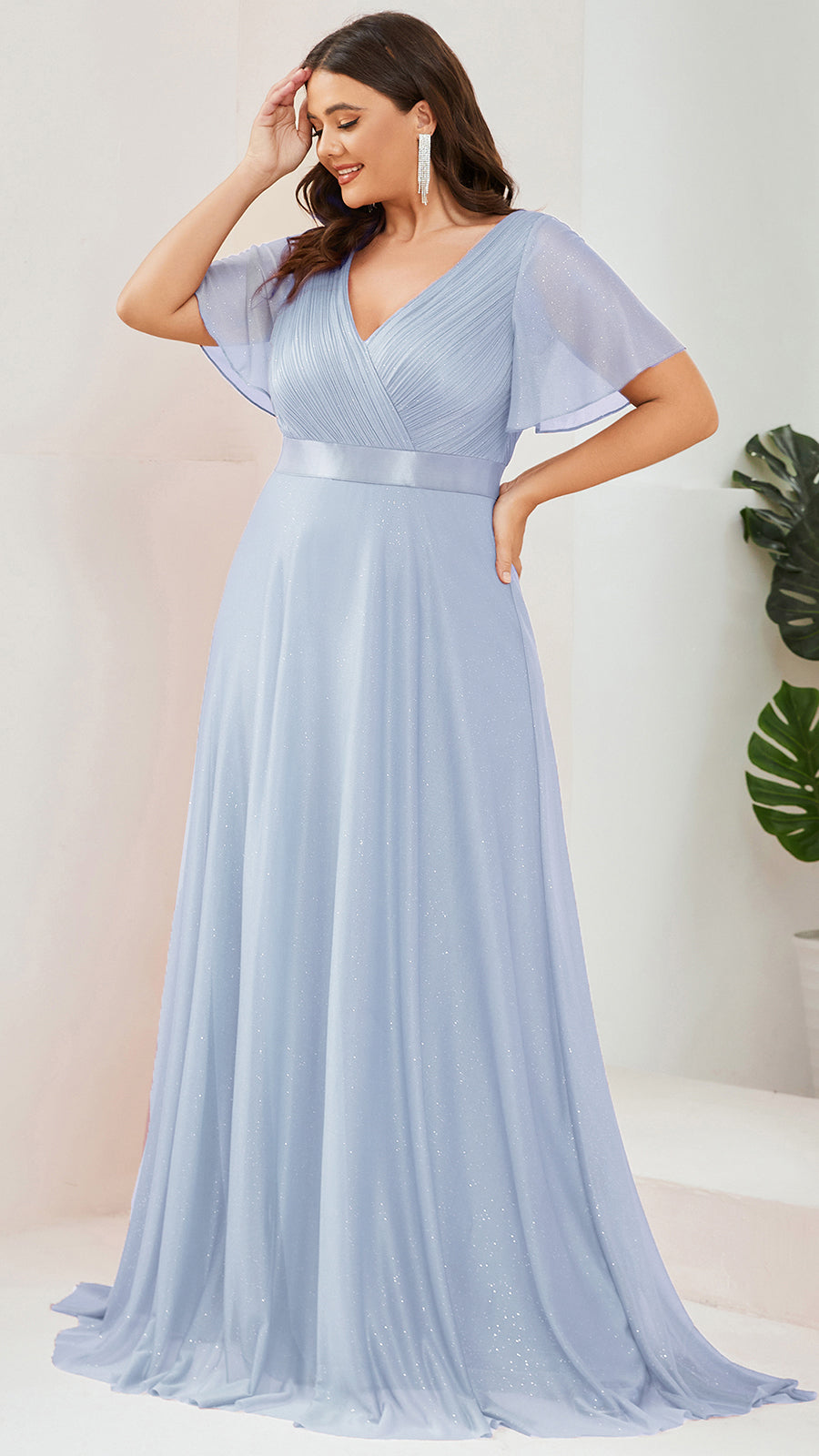 Robe D'invité De Mariage En Mousseline De Soie Mi-Longue Plissée à Manches à Volants Et Col En V  #Couleur_Bleu Glace