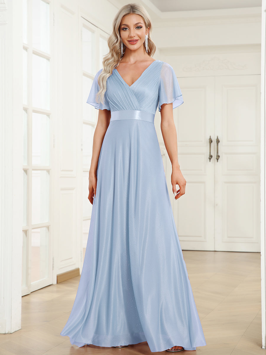 Robe D'invité De Mariage En Mousseline De Soie Mi-Longue Plissée à Manches à Volants Et Col En V  #Couleur_Bleu Glace