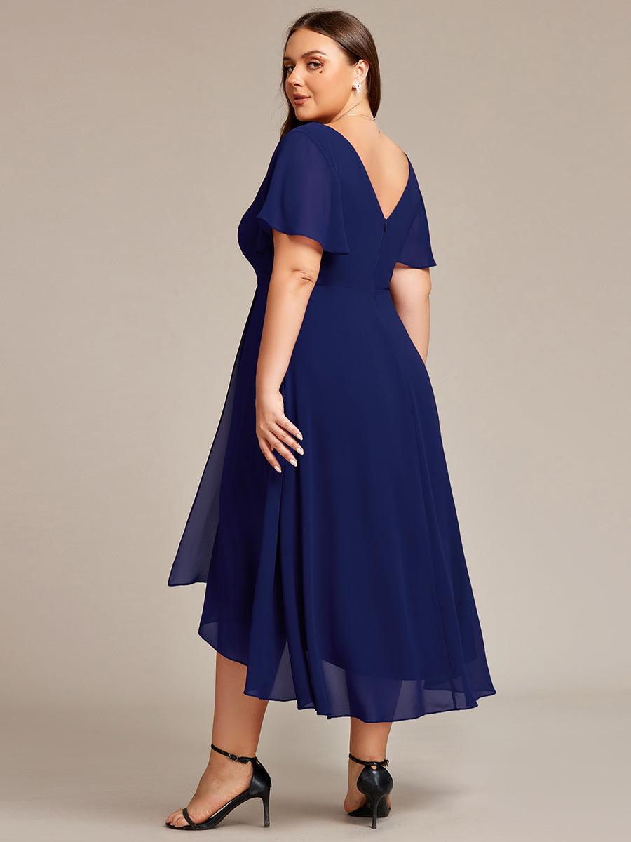 Robe Mariage Invitée haute-basse mousseline col en V Manches à volants #Couleur_Bleu Marine
