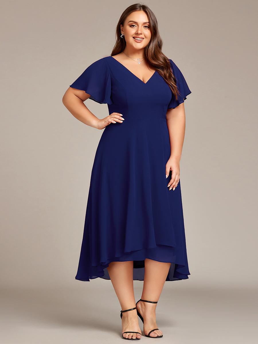Robe d'invité de mariage en mousseline de soie grande taille avec col en V et manches à volants #Couleur_Bleu Marine