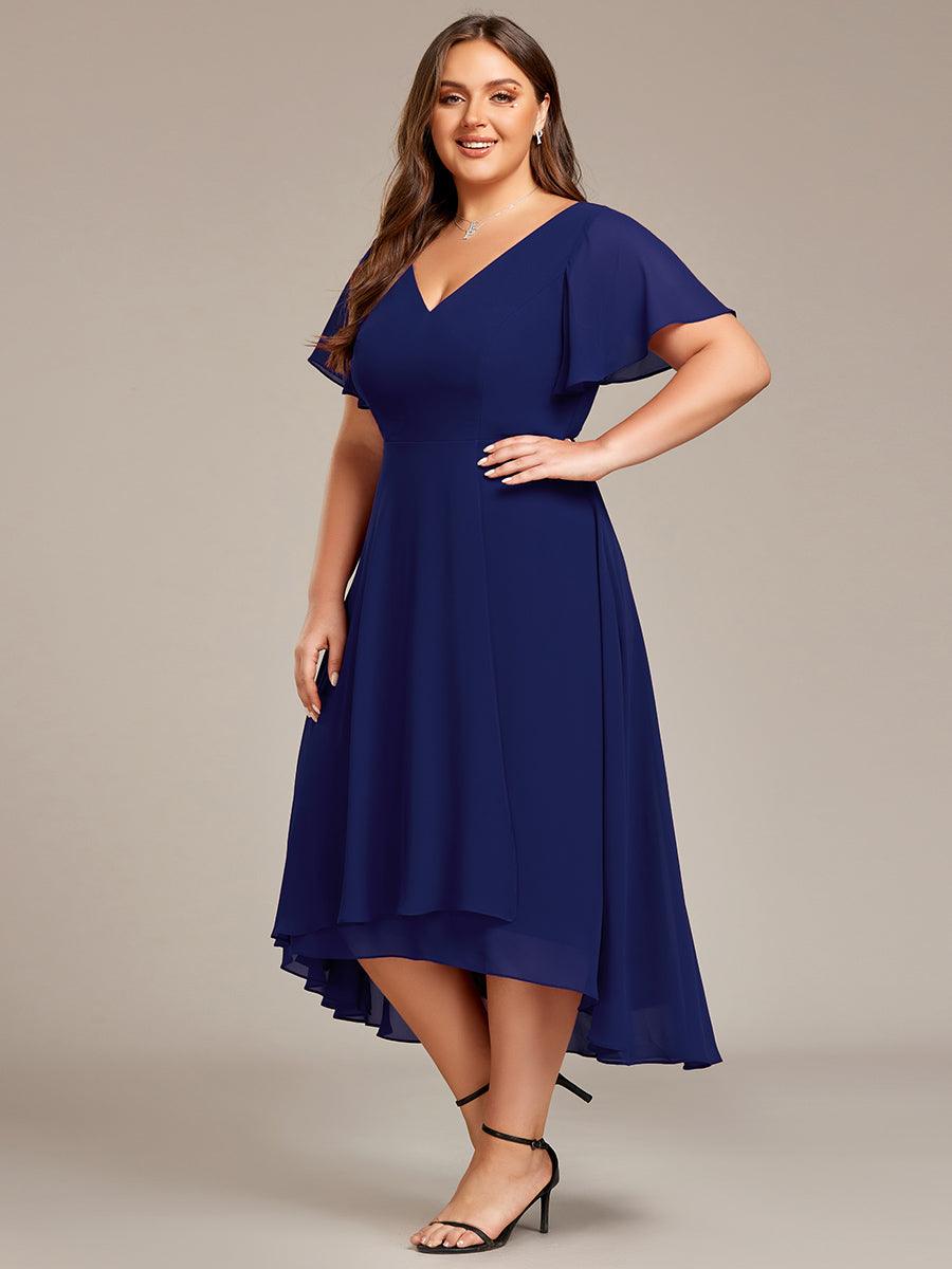 Robe Mariage Invitée haute-basse mousseline col en V Manches à volants #Couleur_Bleu Marine