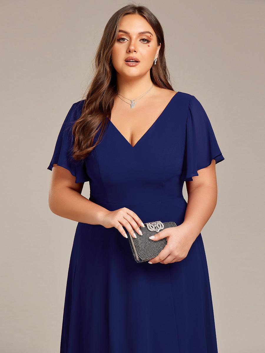 Robe Mariage Invitée haute-basse mousseline col en V Manches à volants #Couleur_Bleu Marine