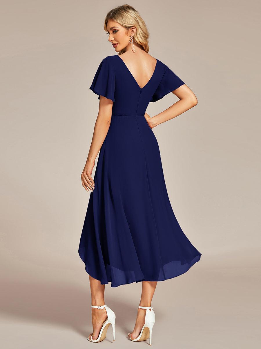 Robe Mariage Invitée haute-basse mousseline col en V Manches à volants #Couleur_Bleu Marine