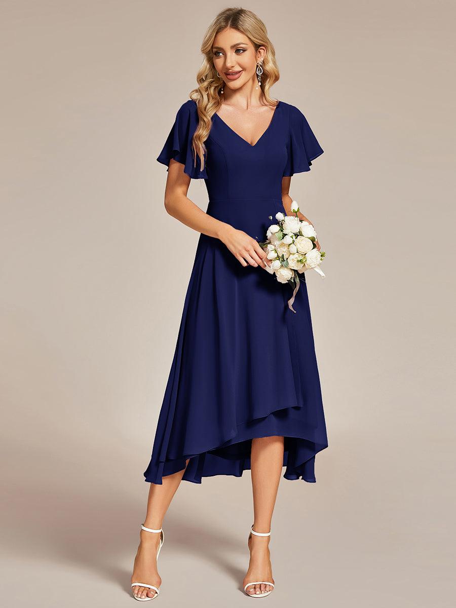 Robe Mariage Invitée haute-basse mousseline col en V Manches à volants #Couleur_Bleu Marine