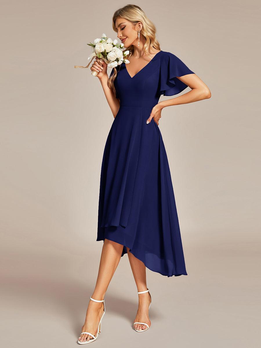 Robe Mariage Invitée haute-basse mousseline col en V Manches à volants #Couleur_Bleu Marine