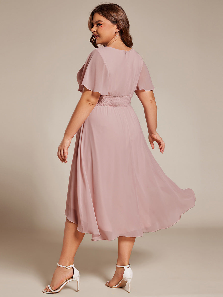 Robe d'invité de mariage trapèze en mousseline fluide à encolure ronde et longueur au genou #Couleur_Rose fumee