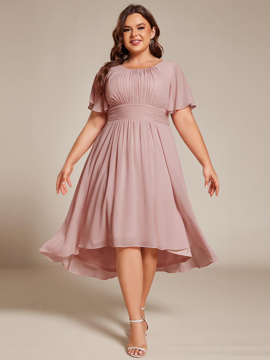 Robe d'invité de mariage trapèze en mousseline fluide à encolure ronde et longueur au genou #Couleur_Rose fumee