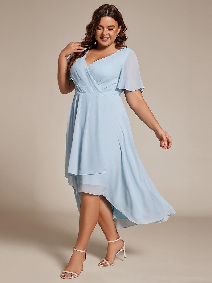 Grande Taille Robe D'invit?¡ã| De Mariage Mi-Longue Pliss?¡ã|e En Mousseline De Soie ?¡㡧N Manches Courtes Et Col En V De #Couleur_Bleu Ciel