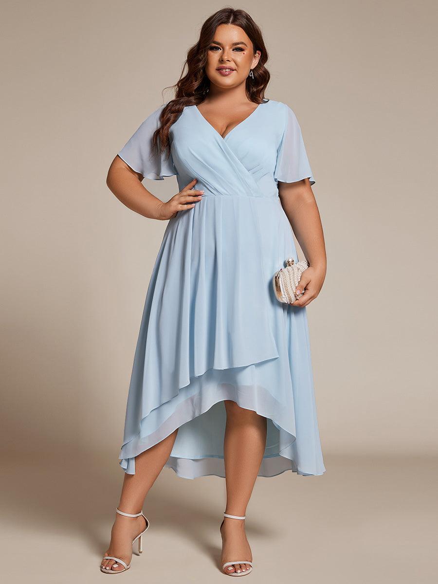 Grande Taille Robe D'invit?¡ã| De Mariage Mi-Longue Pliss?¡ã|e En Mousseline De Soie ?¡㡧N Manches Courtes Et Col En V De #Couleur_Bleu Ciel