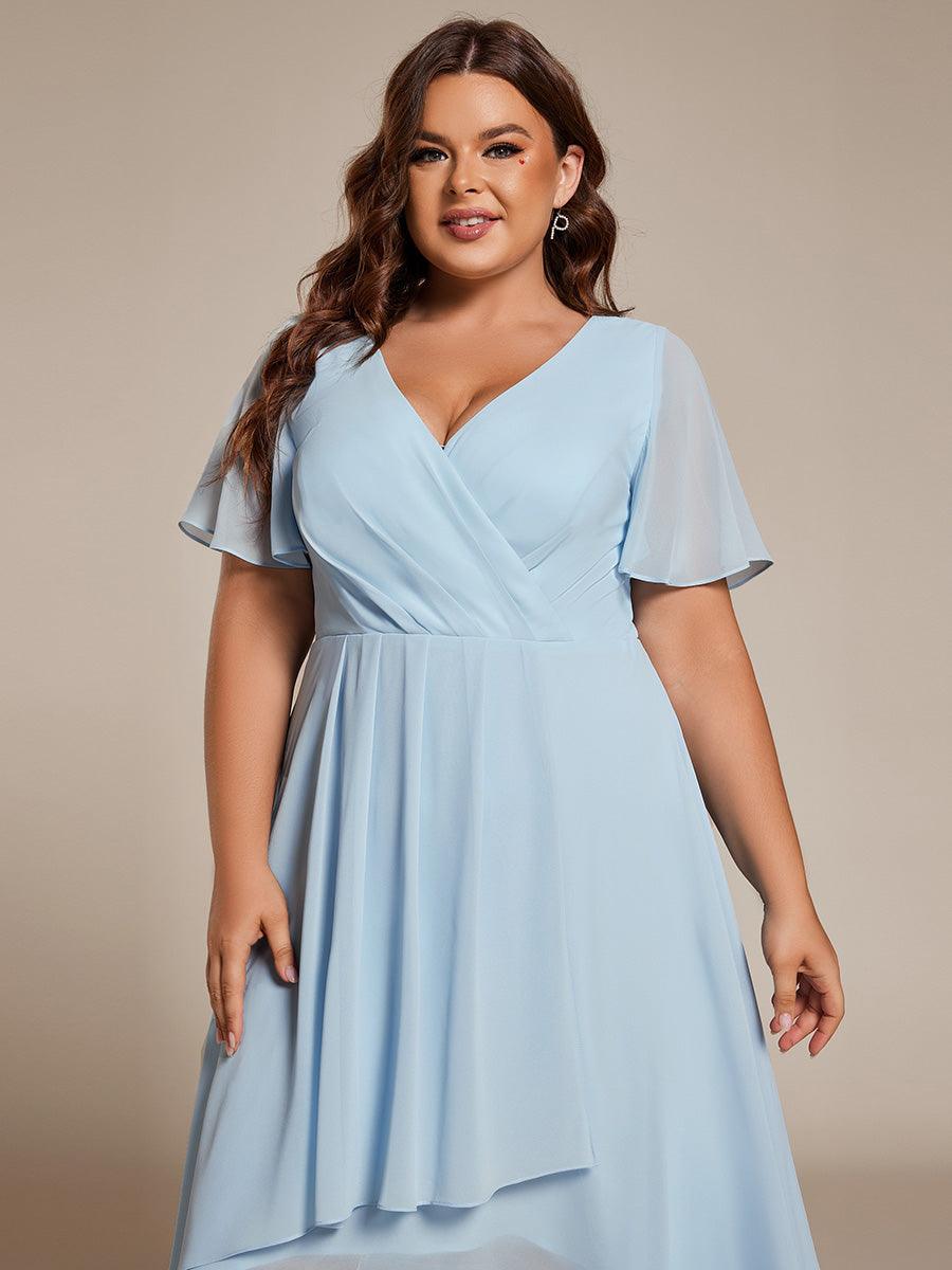 Grande Taille Robe D'invit?¡ã| De Mariage Mi-Longue Pliss?¡ã|e En Mousseline De Soie ?¡㡧N Manches Courtes Et Col En V De #Couleur_Bleu Ciel