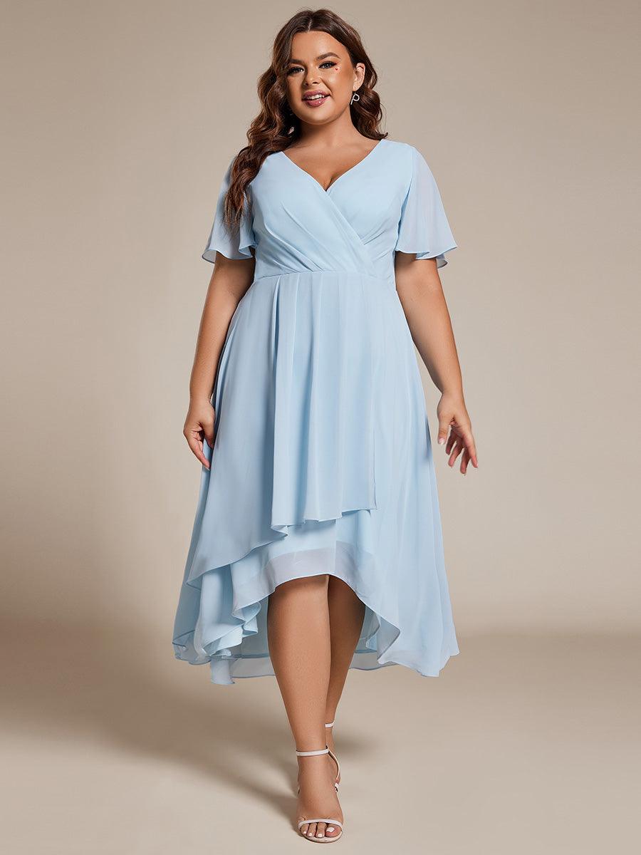 Grande Taille Robe D'invit?¡ã| De Mariage Mi-Longue Pliss?¡ã|e En Mousseline De Soie ?¡㡧N Manches Courtes Et Col En V De #Couleur_Bleu Ciel