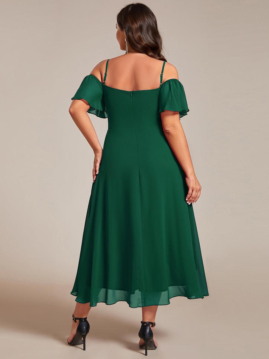 Robes d'invitées de mariage en mousseline, épaules dénudées, hautes et basses, manches courtes #Couleur_Vert Fonce