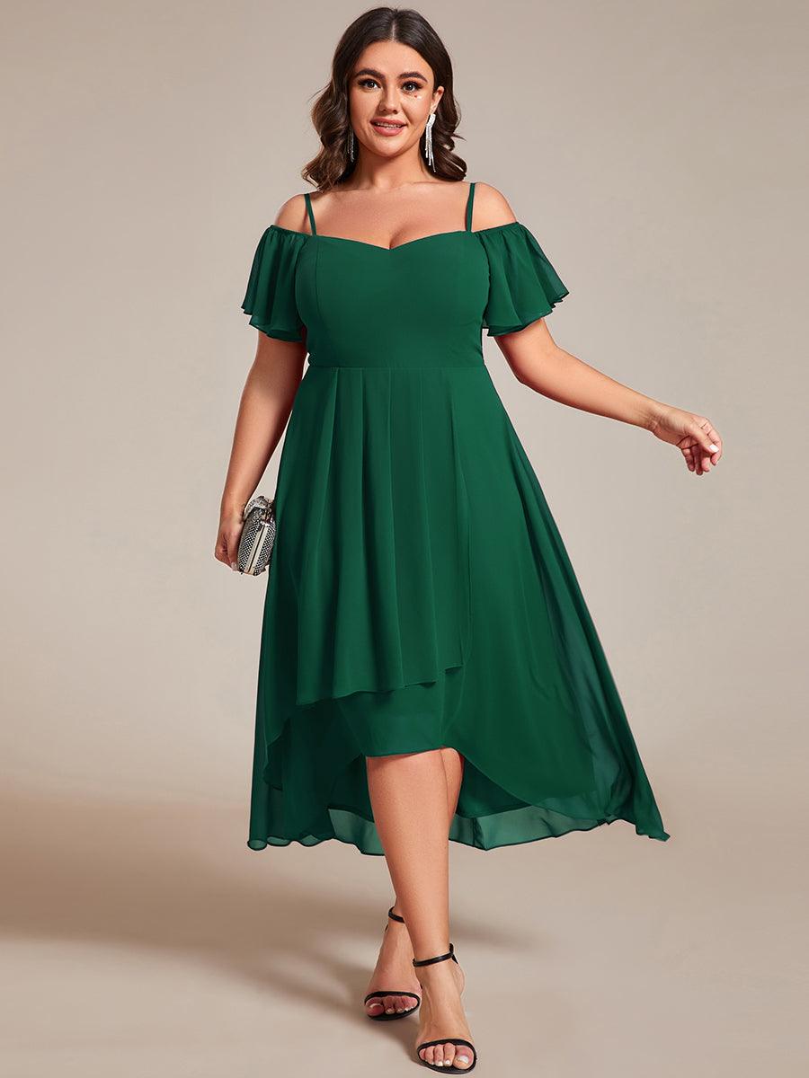 Robes d'invitées de mariage en mousseline, épaules dénudées, hautes et basses, manches courtes #Couleur_Vert Fonce