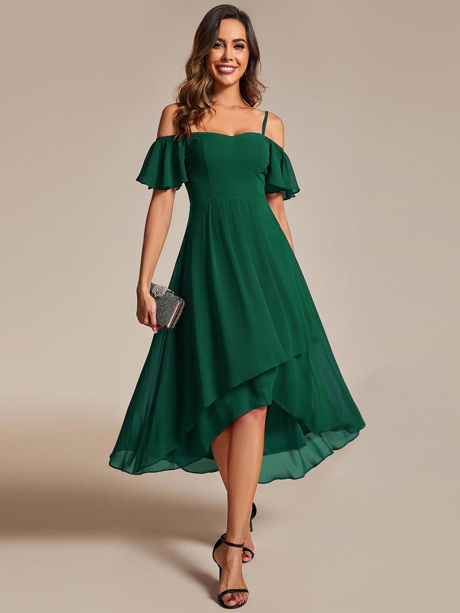 Robes d'invitées de mariage en mousseline, épaules dénudées, hautes et basses, manches courtes #Couleur_Vert Fonce