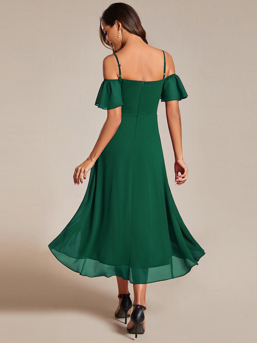 Robes d'invitées de mariage en mousseline, épaules dénudées, hautes et basses, manches courtes #Couleur_Vert Fonce