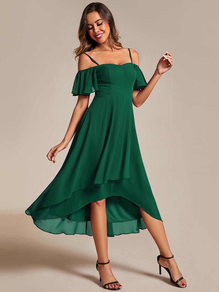 Robes d'invitées de mariage en mousseline, épaules dénudées, hautes et basses, manches courtes #Couleur_Vert Fonce