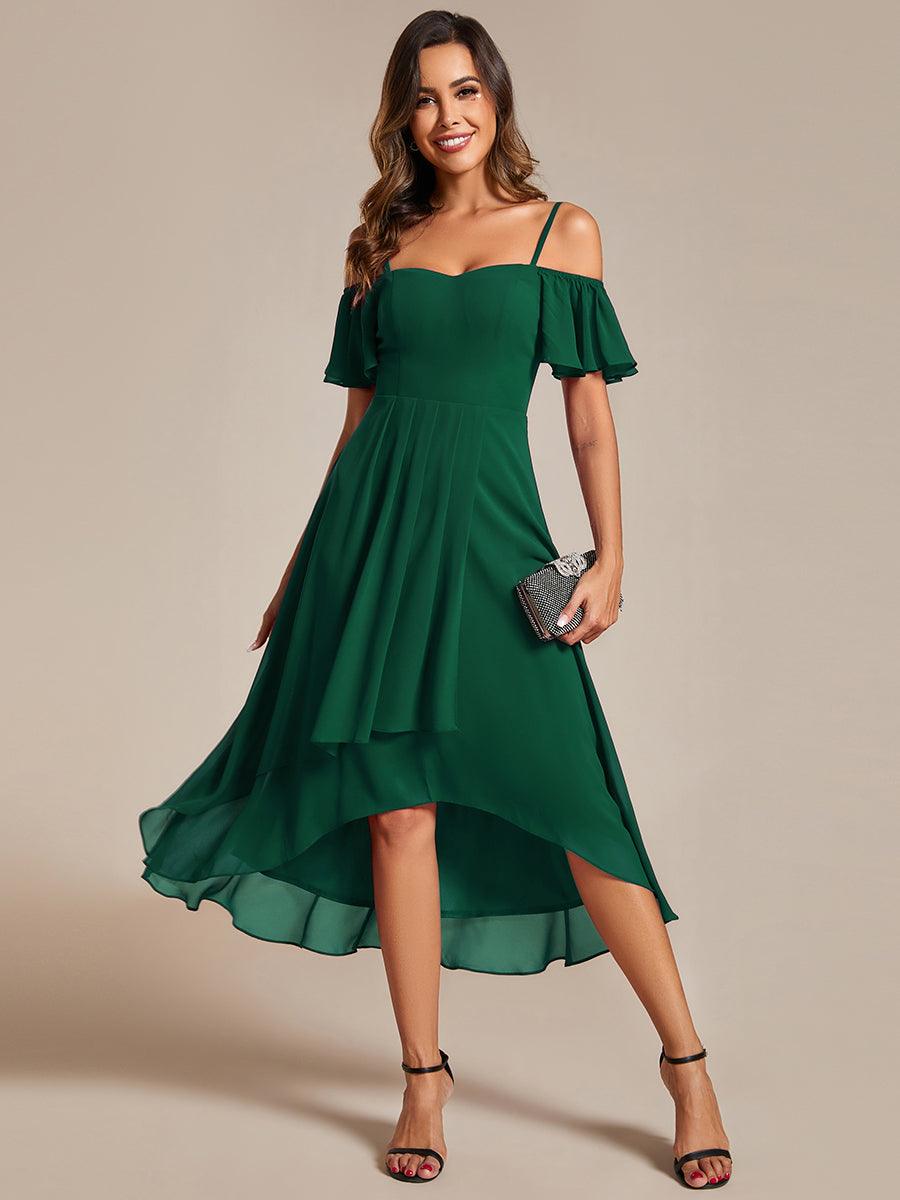 Robes d'invitées de mariage en mousseline, épaules dénudées, hautes et basses, manches courtes #Couleur_Vert Fonce