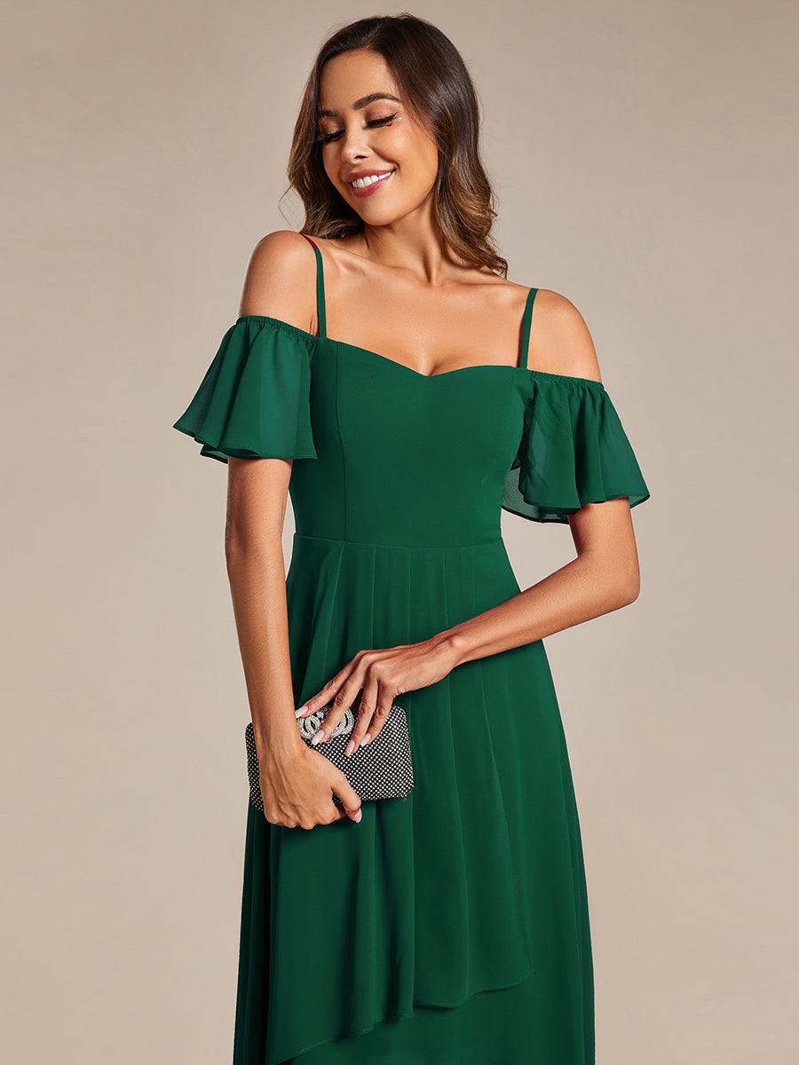 Robes d'invitées de mariage en mousseline, épaules dénudées, hautes et basses, manches courtes #Couleur_Vert Fonce