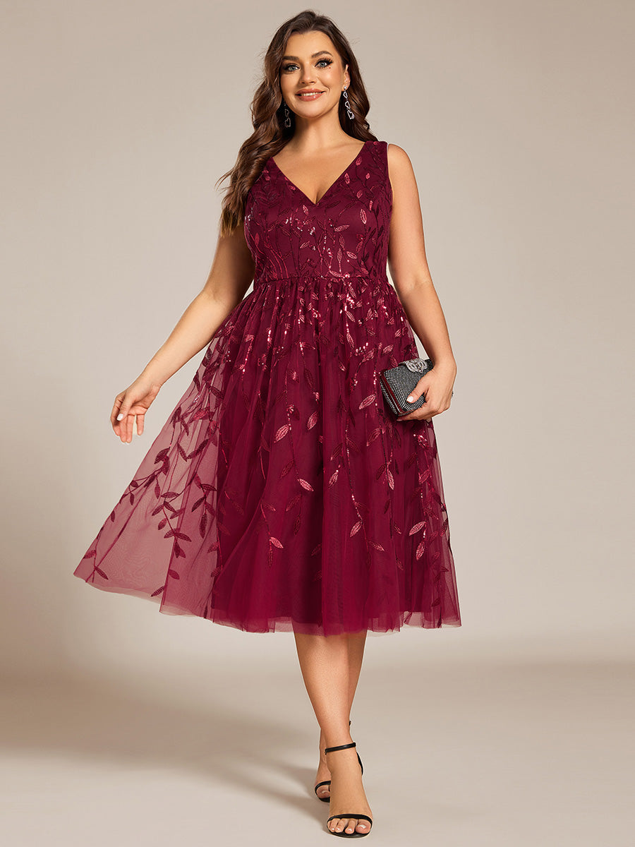 Robe d'invité de mariage mi-longue trapèze à col en V et paillettes avec sans manches #Couleur_Bordeaux
