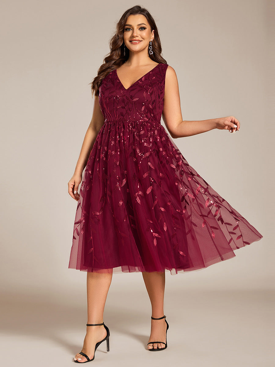 Robe d'invité de mariage mi-longue trapèze à col en V et paillettes avec sans manches #Couleur_Bordeaux