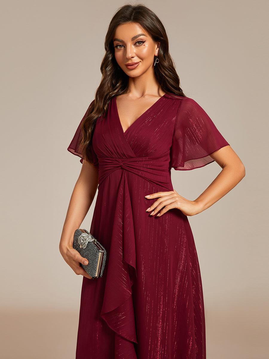Robe d'invité de mariage mi-longue trapèze à manches courtes et paillettes de grande taille avec ourlet à volants #Couleur_Bordeaux