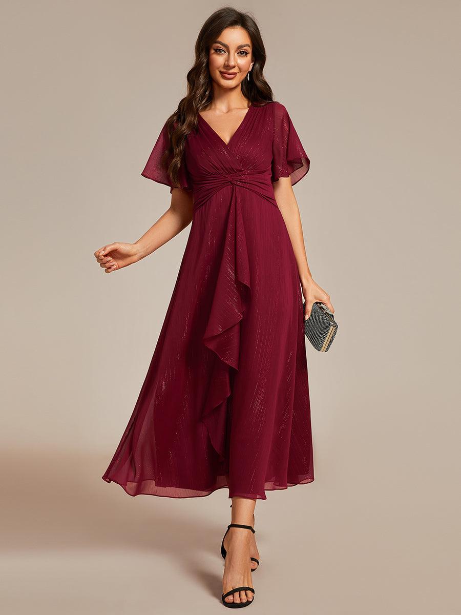 Robe d'invité de mariage mi-longue trapèze à manches courtes et paillettes de grande taille avec ourlet à volants #Couleur_Bordeaux