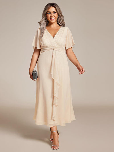pretty OPAHL|Robe d'invité de mariage mi-longue trapèze à manches courtes et paillettes de grande taille avec ourlet à volants