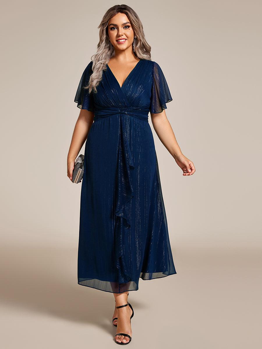 Robe d'invité de mariage mi-longue trapèze à manches courtes et paillettes de grande taille avec ourlet à volants #Couleur_Bleu Marine
