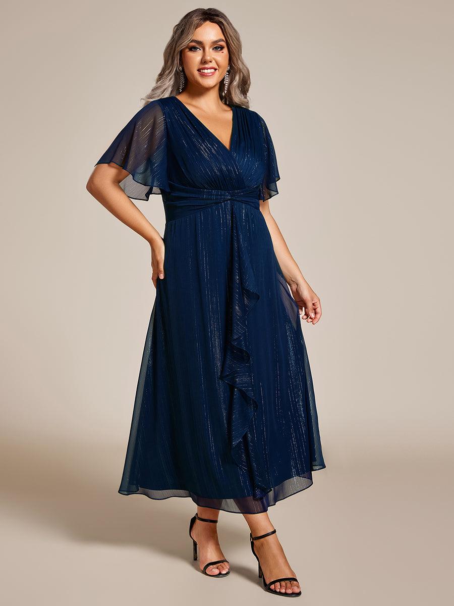 Robe d'invité de mariage mi-longue trapèze à manches courtes et paillettes de grande taille avec ourlet à volants #Couleur_Bleu Marine