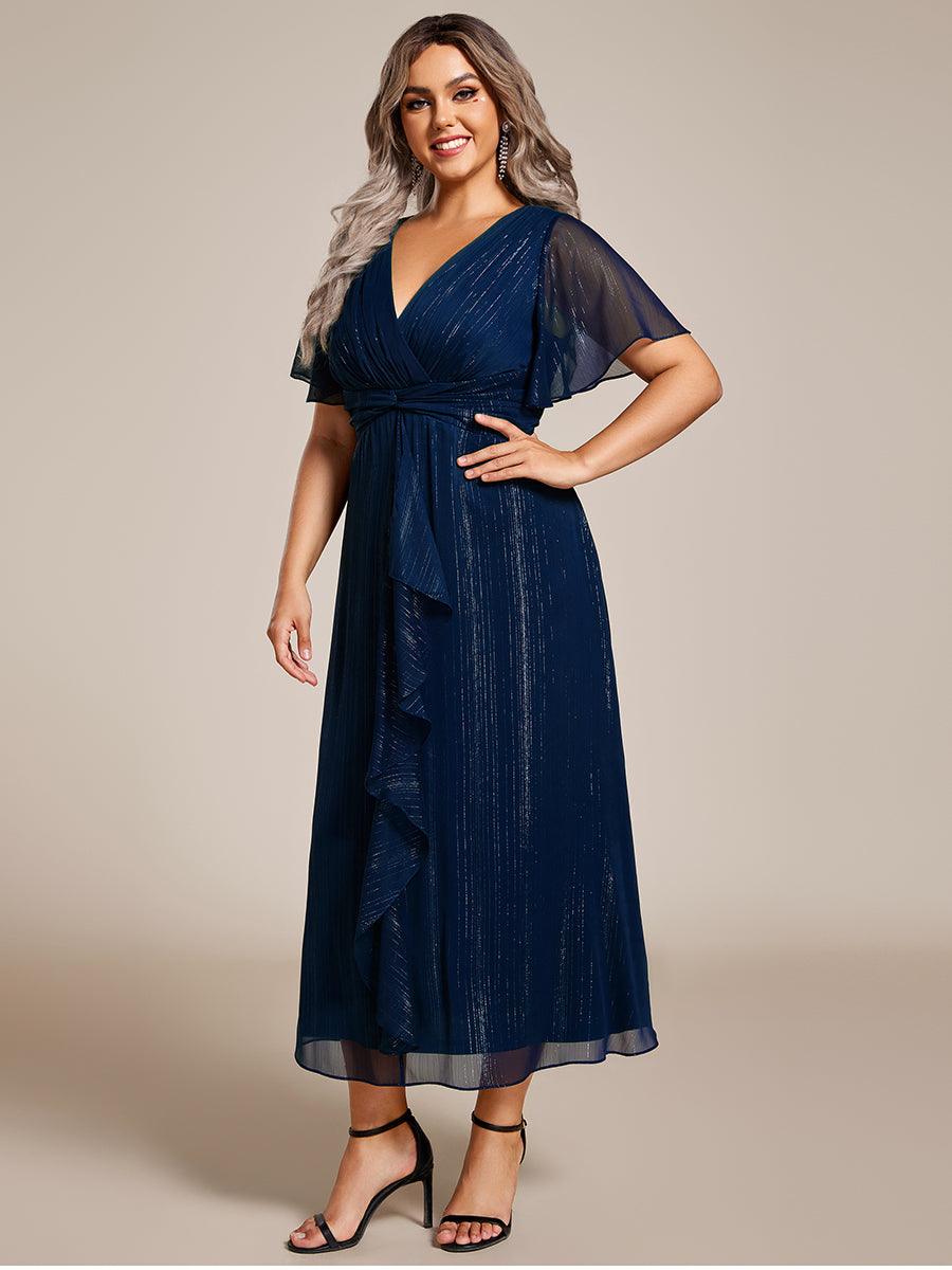 Robe d'invité de mariage mi-longue trapèze à manches courtes et paillettes de grande taille avec ourlet à volants #Couleur_Bleu Marine