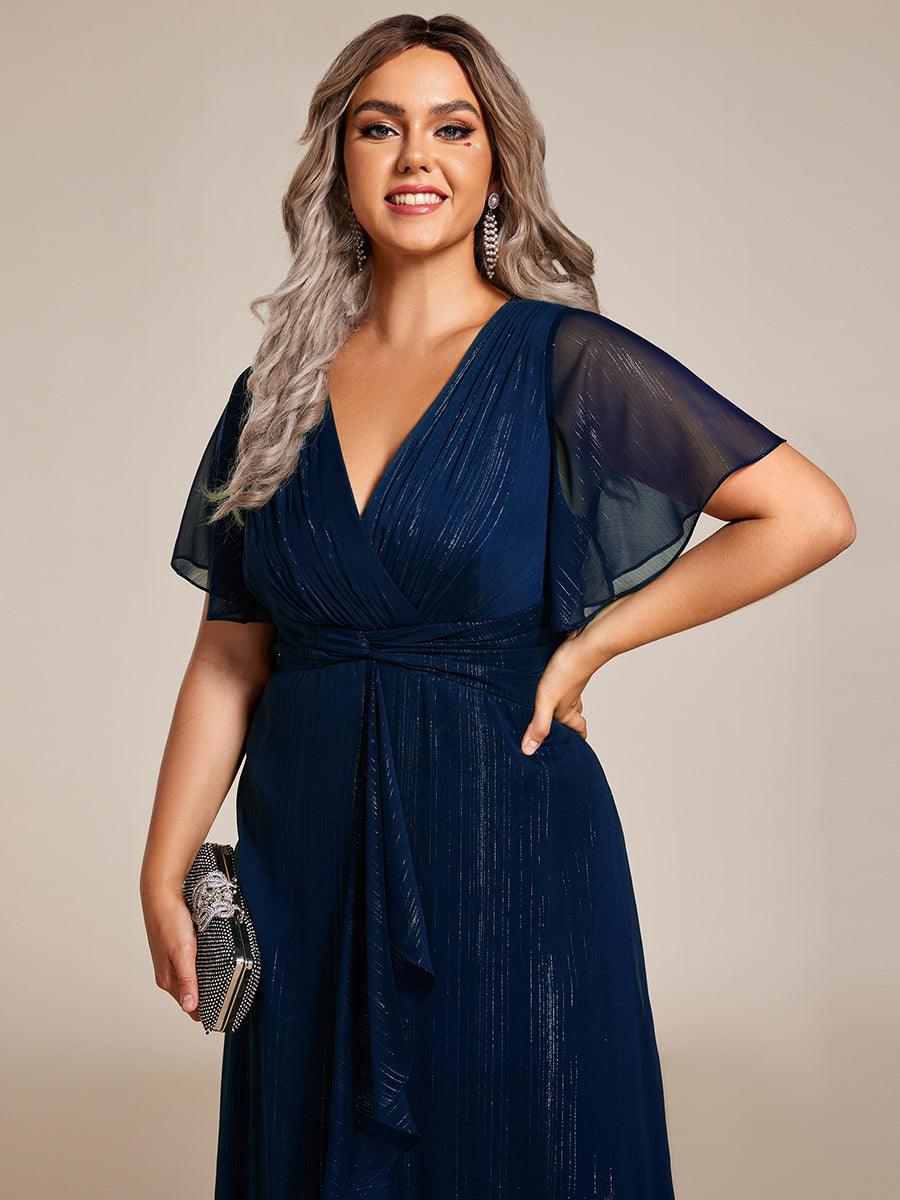 Robe d'invité de mariage mi-longue trapèze à manches courtes et paillettes avec ourlet à volants #Couleur_Bleu Marine