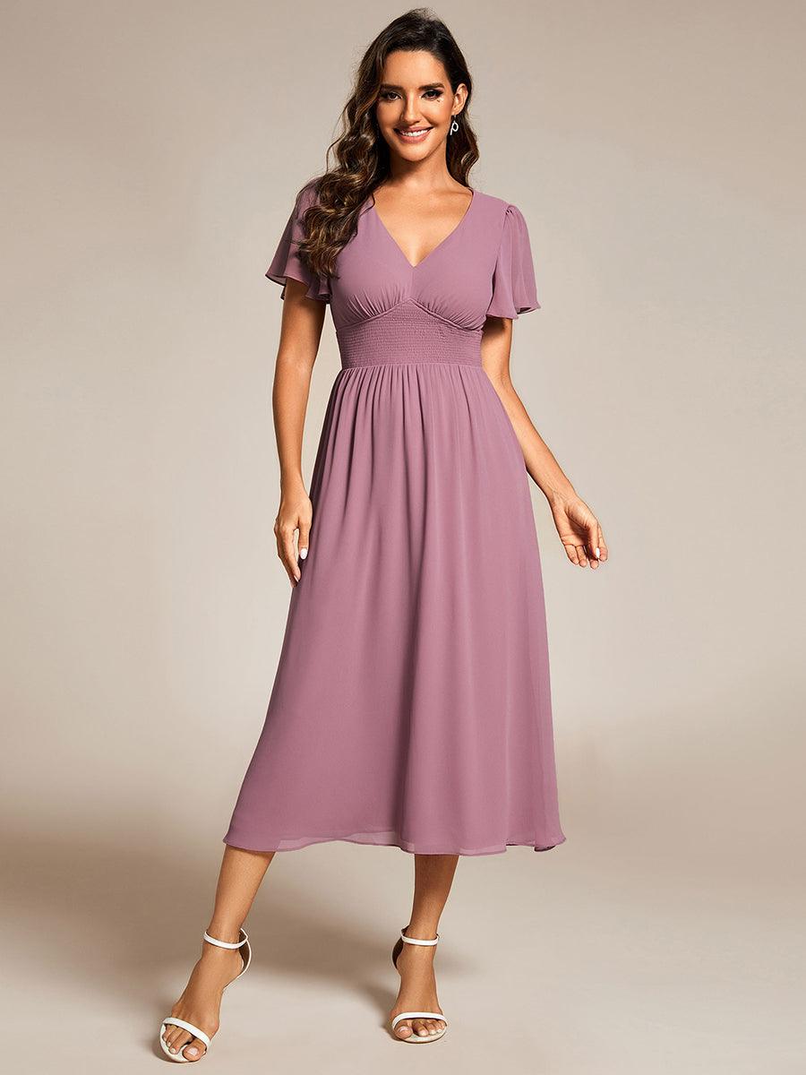 Robe d'invité de mariage mi-longue à col en V et manches à volants #Couleur_Orchidee