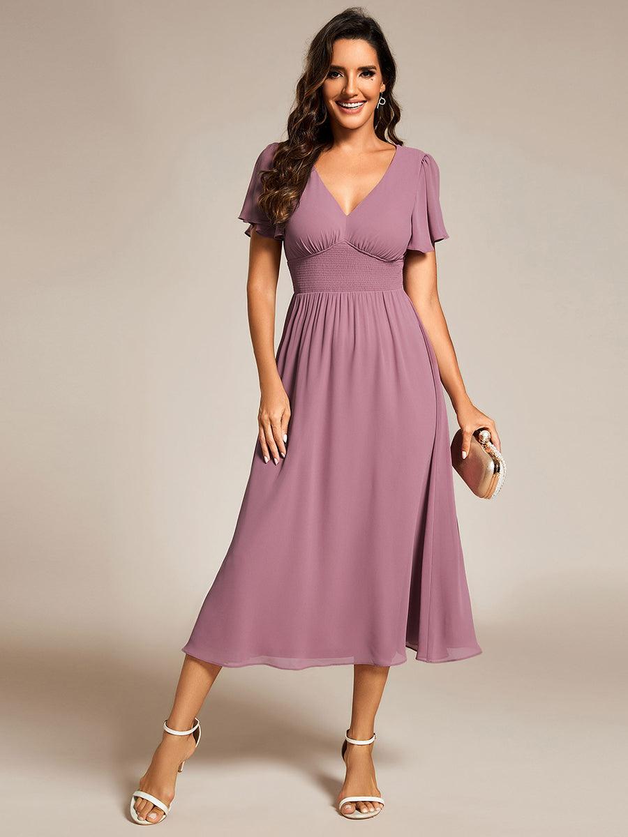 Robe d'invité de mariage mi-longue à col en V et manches à volants #Couleur_Orchidee