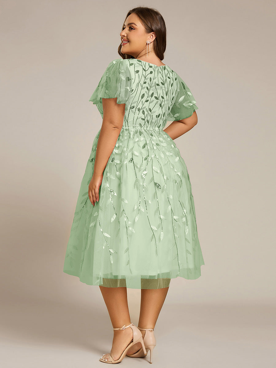 Robe d'invité de mariage formelle mi-longue à paillettes et feuilles à manches courtes #Couleur_Menthe Verte