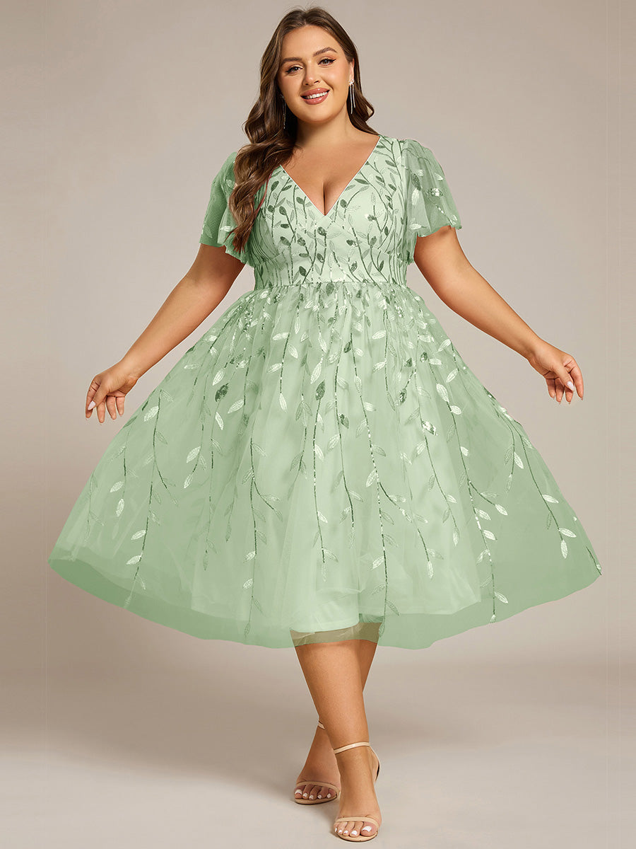 Robe d'invité de mariage formelle mi-longue à paillettes et feuilles à manches courtes #Couleur_Menthe Verte