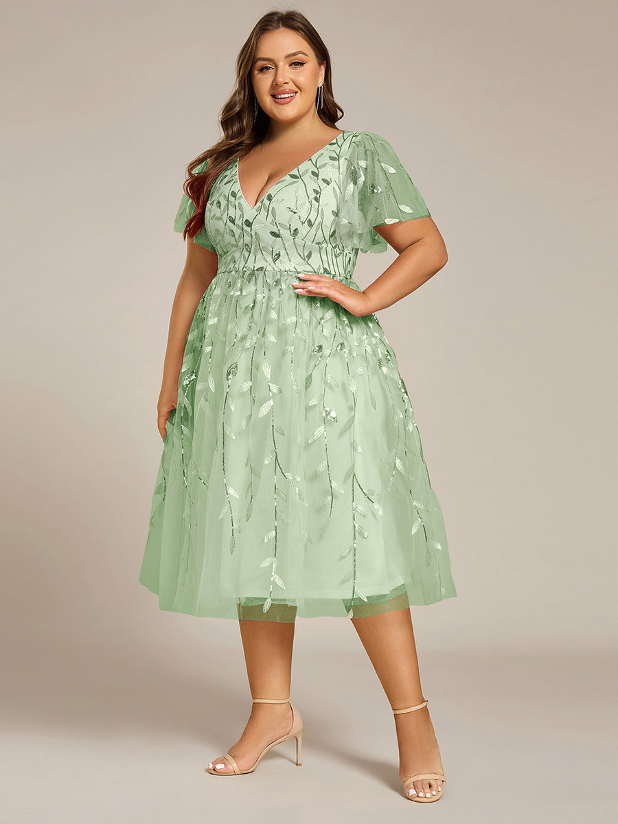 Robe d'invité de mariage formelle mi-longue à paillettes et feuilles à manches courtes #Couleur_Menthe Verte