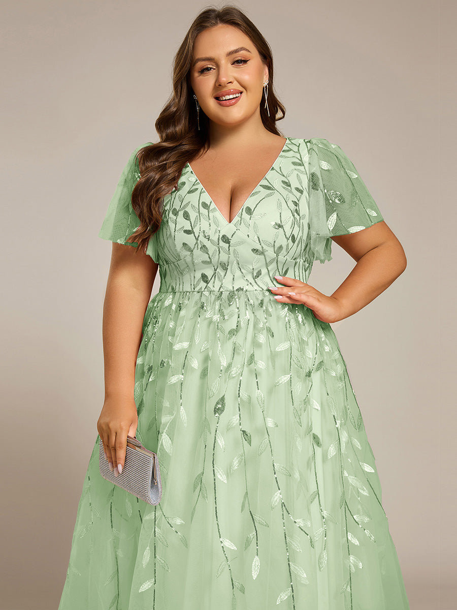 Robe d'invité de mariage formelle mi-longue à paillettes et feuilles à manches courtes #Couleur_Menthe Verte