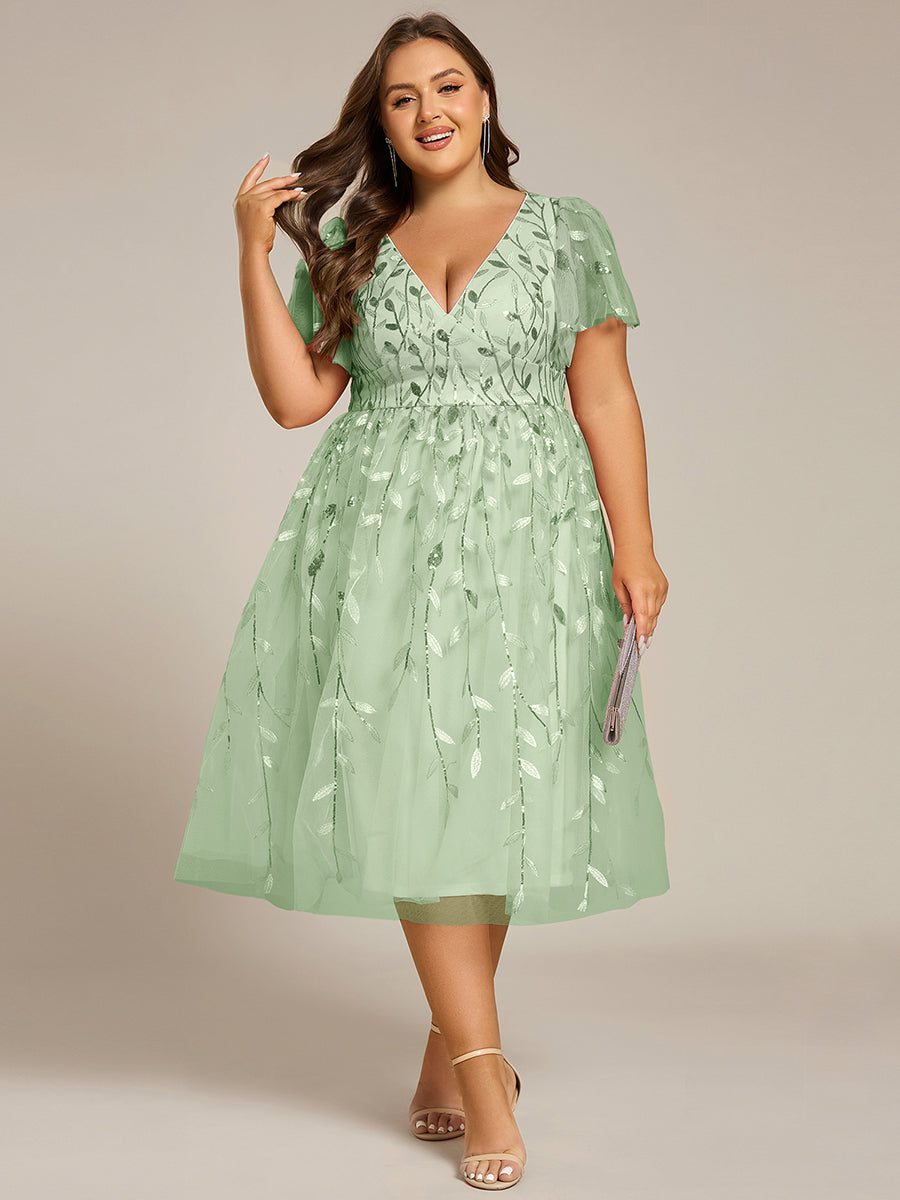 Robe d'invité de mariage formelle mi-longue à paillettes et feuilles à manches courtes #Couleur_Menthe Verte