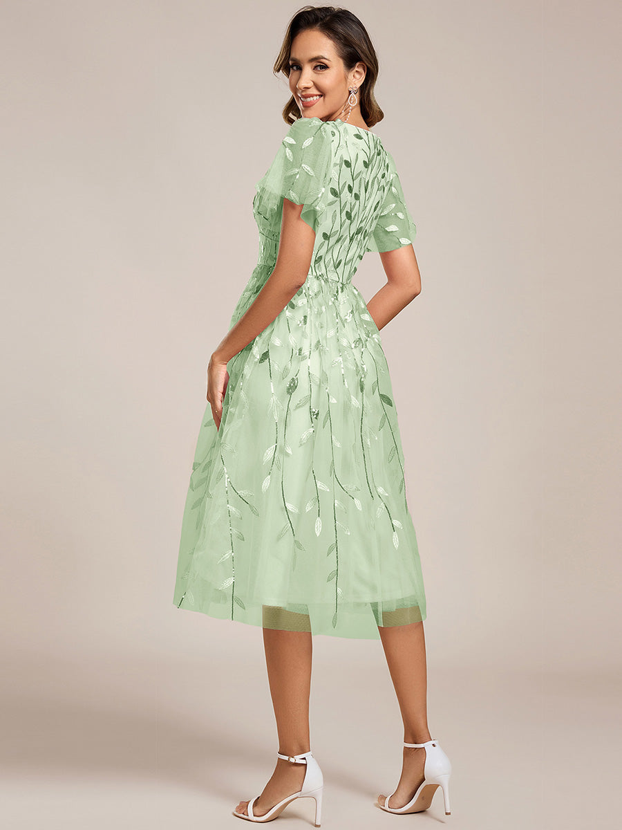 Robe d'invité de mariage formelle mi-longue à paillettes et feuilles à manches courtes #Couleur_Menthe Verte