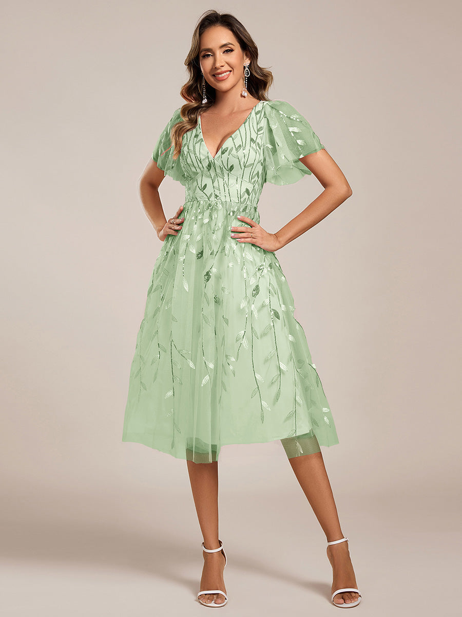 Robe d'invité de mariage formelle mi-longue à paillettes et feuilles à manches courtes #Couleur_Menthe Verte