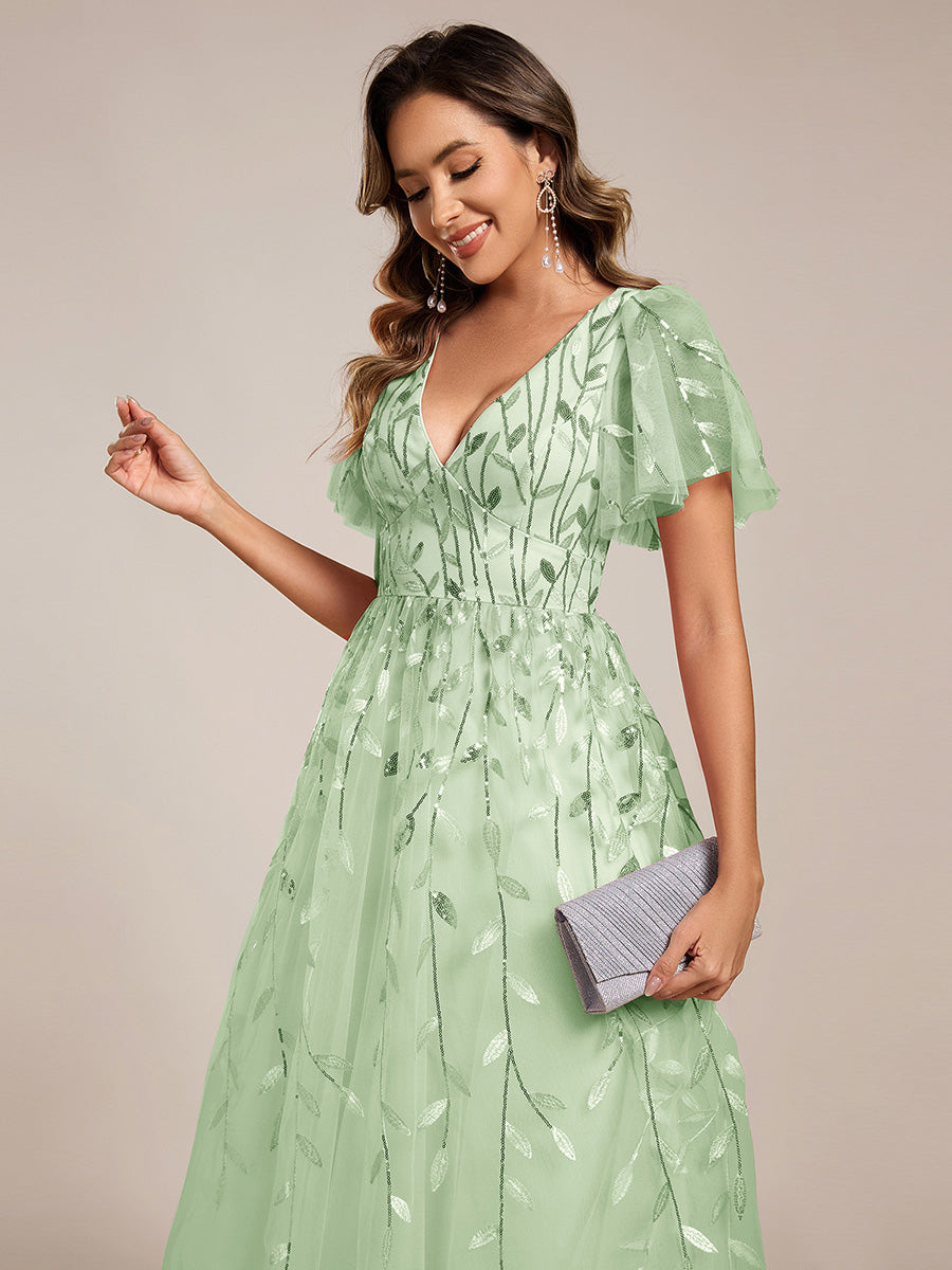 Robe d'invité de mariage formelle mi-longue à paillettes et feuilles à manches courtes #Couleur_Menthe Verte